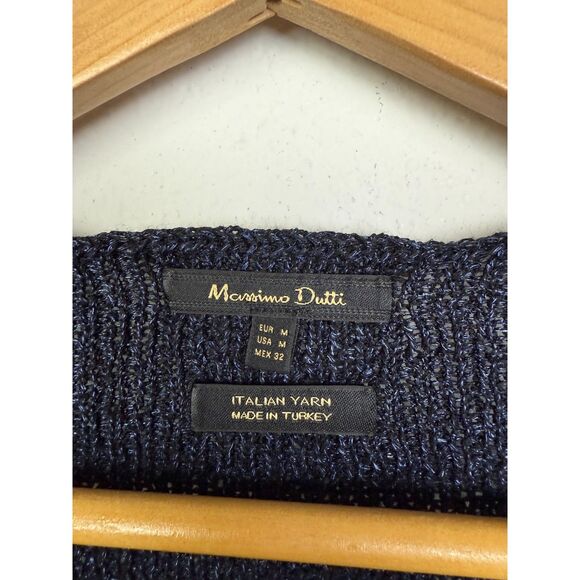 Massimo Dutti Blue Black Knit Sweater Women M Bell Sleeve Italian Yarn - Picture 4 of 7
